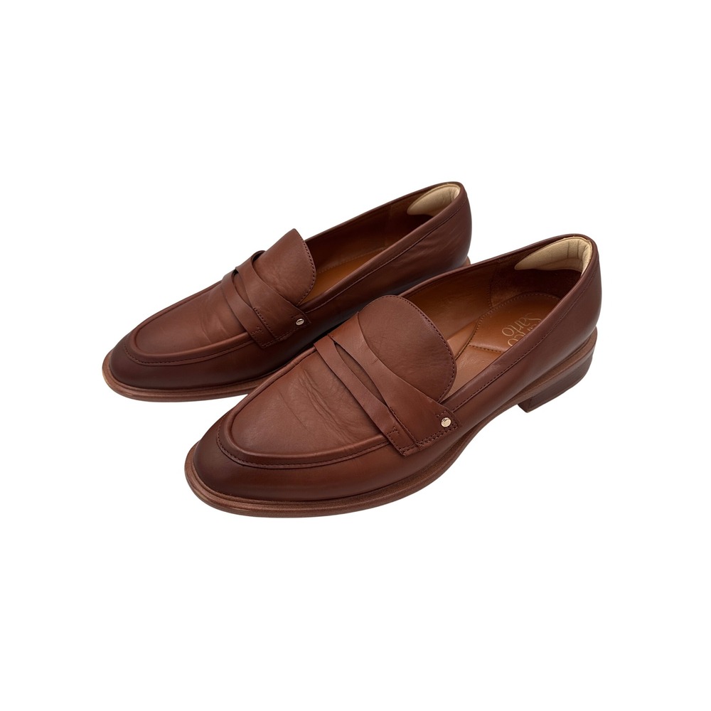 Franco Sarto Edith 2 Penny Loafers Women Sz 11W Brown Leather Block Heel Classic